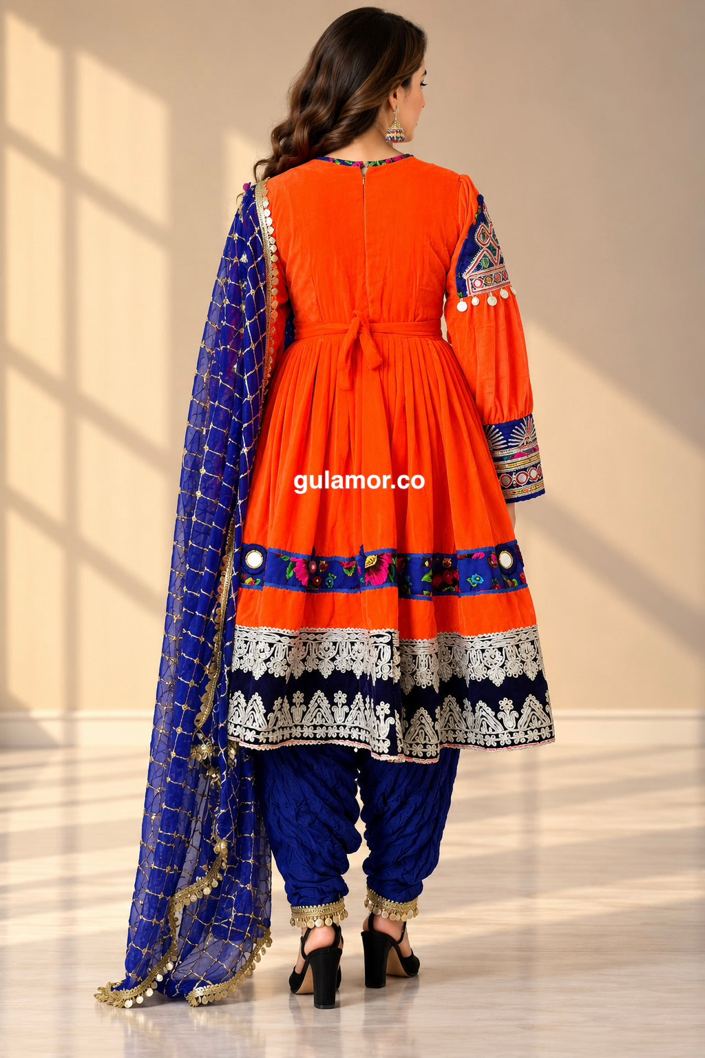 Gulamor Luxury Orange Afghan Traditional Dress – Hand Embroidered Kuchi