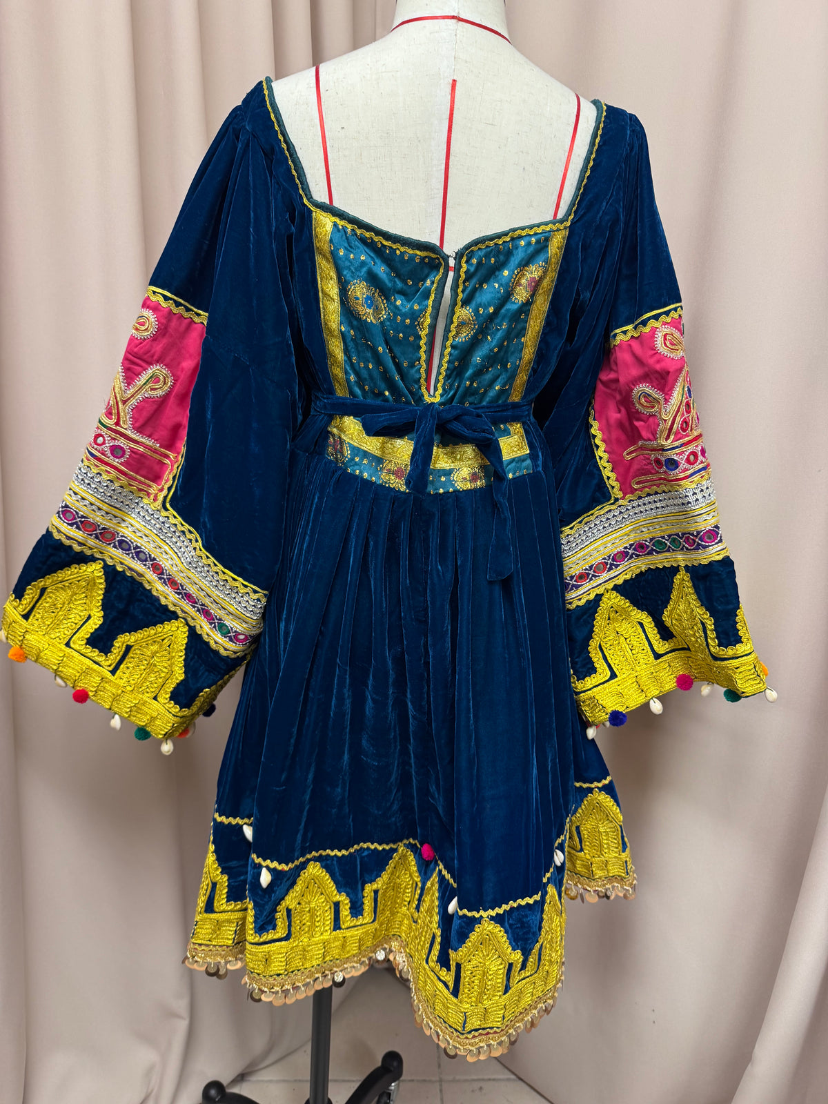 Traditional Afghan Kuchi Velvet Dress with Pink Trousers & Scarf | Small–Medium