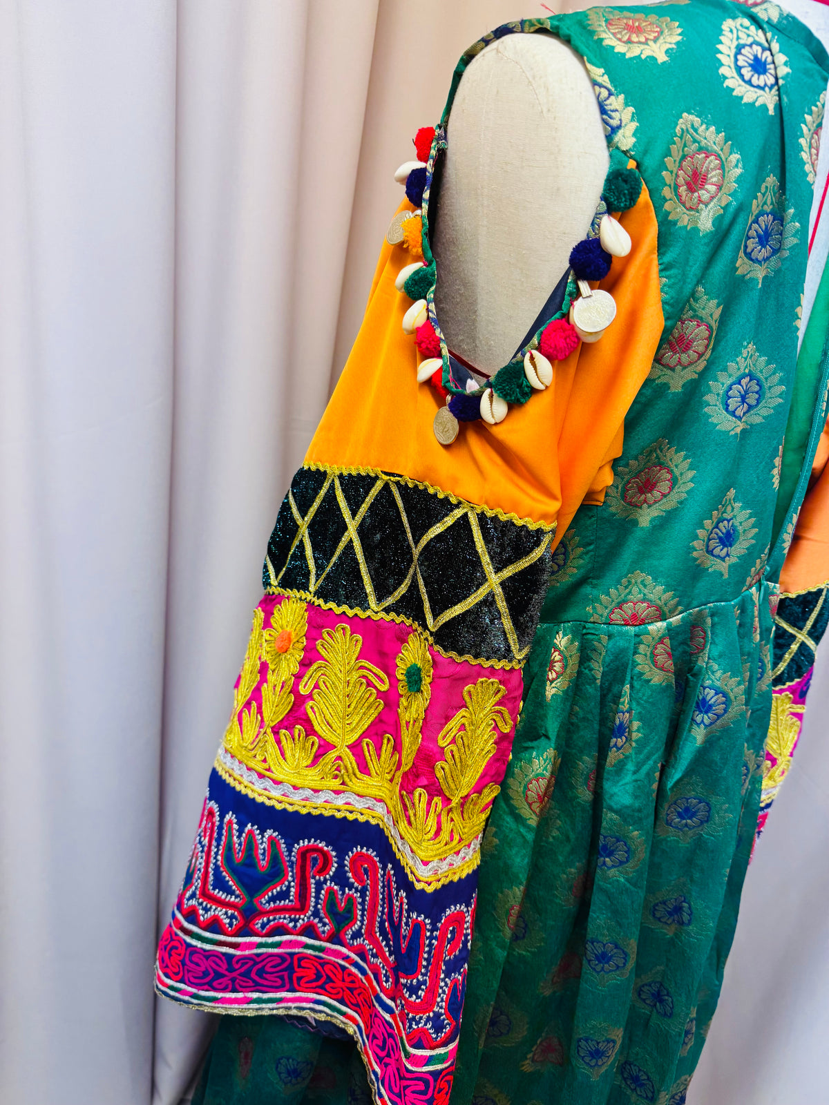 Gulamor Luxury Afghan Green Brocade Maxi Dress | Traditional Embroidered Kuchi Dress with Purple & Pink Chiffon Scarf