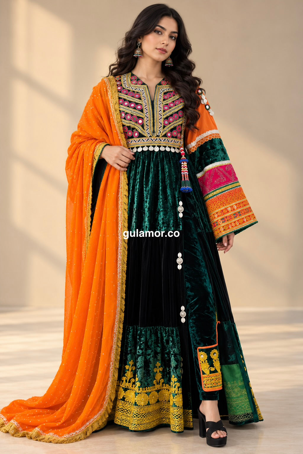 Emerald Green Velvet Afghan Maxi Dress – Traditional Afghan Elegance