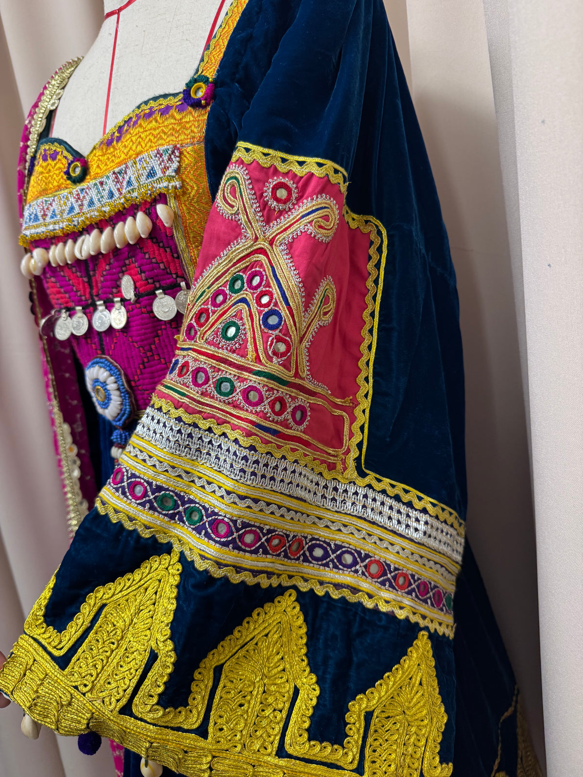 Traditional Afghan Kuchi Velvet Dress with Pink Trousers & Scarf | Small–Medium