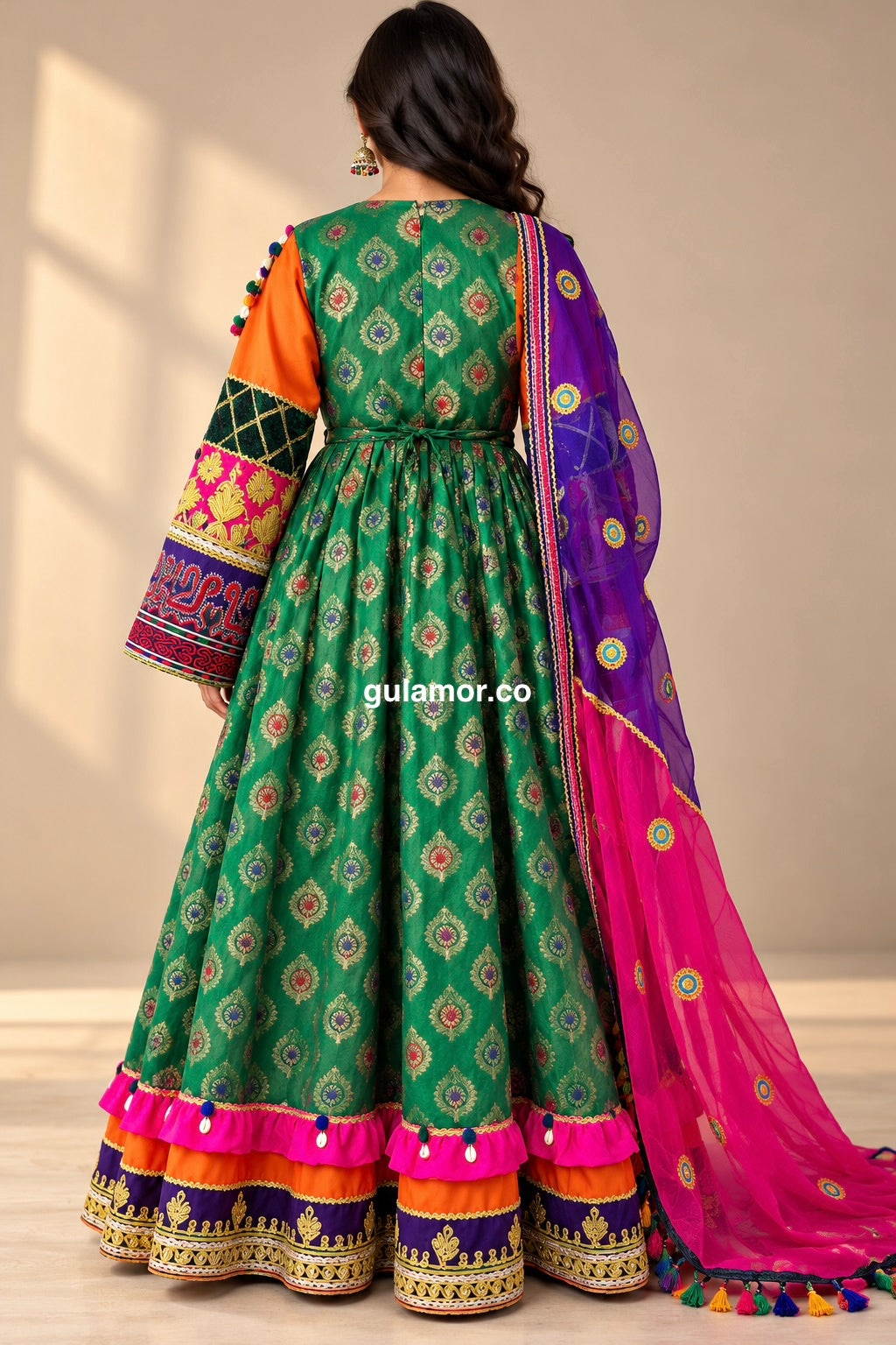 Gulamor Luxury Afghan Green Brocade Maxi Dress | Traditional Embroidered Kuchi Dress with Purple & Pink Chiffon Scarf