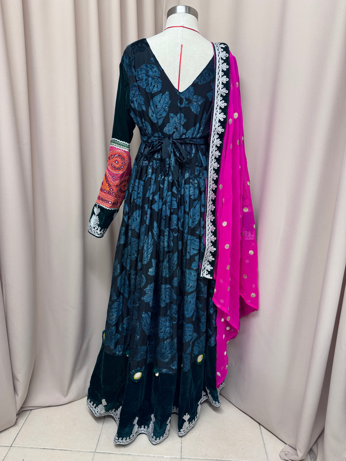 Gulamor Luxury Afghan Maxi Dress – Dark Green Floral Velvet with Pink Chiffon Scarf | Made in London
