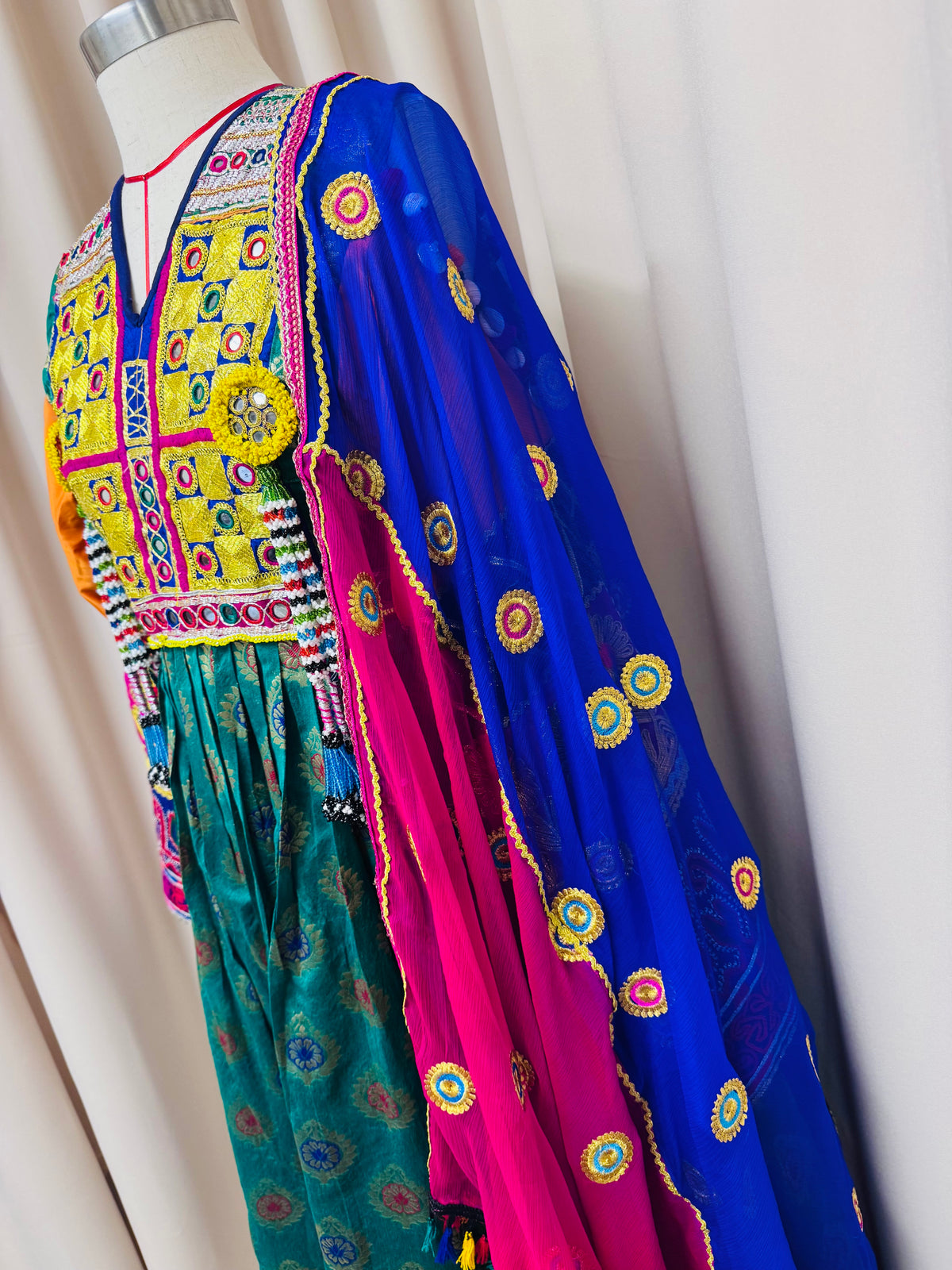 Gulamor Luxury Afghan Green Brocade Maxi Dress | Traditional Embroidered Kuchi Dress with Purple & Pink Chiffon Scarf