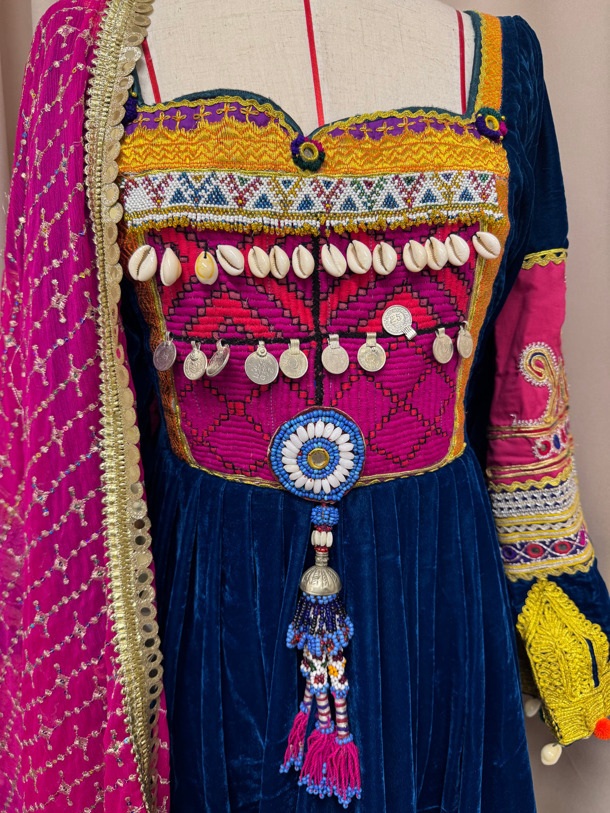 Traditional Afghan Kuchi Velvet Dress with Pink Trousers & Scarf | Small–Medium