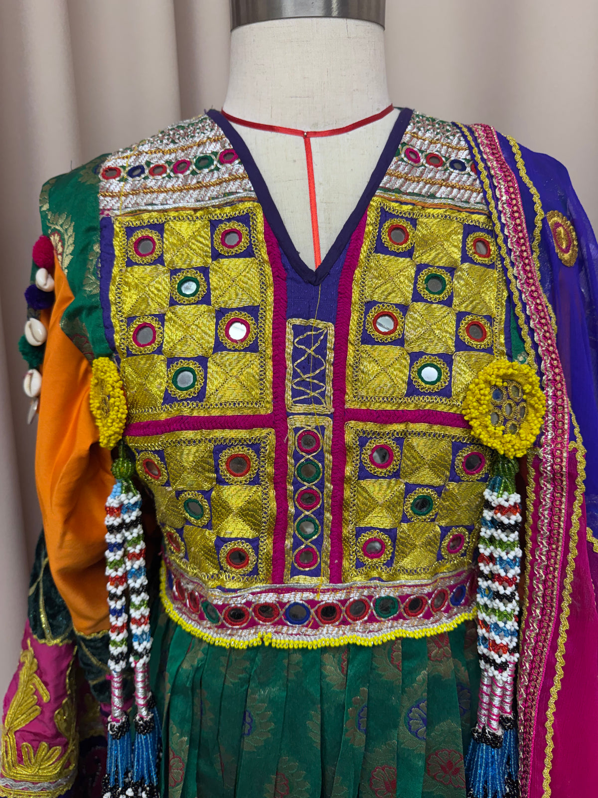 Gulamor Luxury Afghan Green Brocade Maxi Dress | Traditional Embroidered Kuchi Dress with Purple & Pink Chiffon Scarf