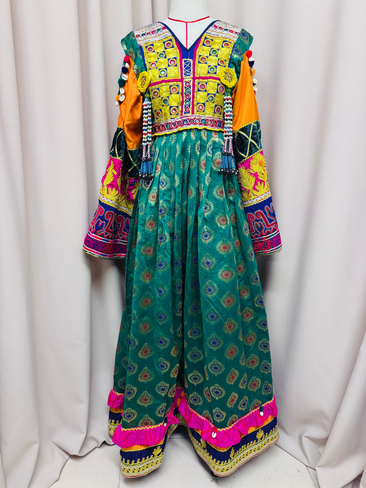 Gulamor Luxury Afghan Green Brocade Maxi Dress | Traditional Embroidered Kuchi Dress with Purple & Pink Chiffon Scarf
