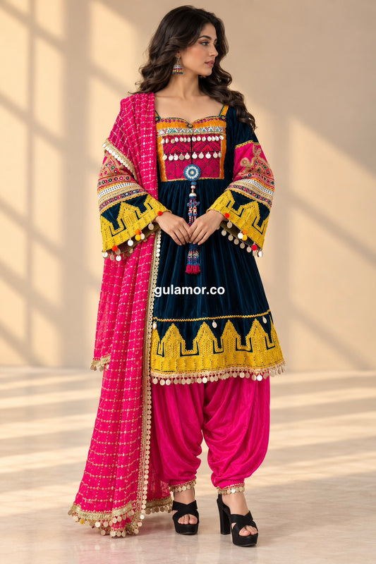 Traditional Afghan Kuchi Velvet Dress with Pink Trousers & Scarf | Small–Medium