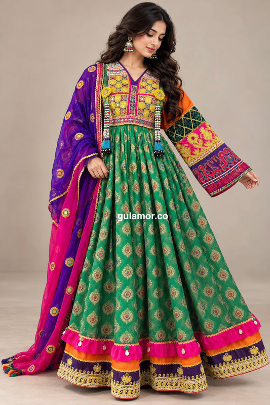 Gulamor Luxury Afghan Green Brocade Maxi Dress | Traditional Embroidered Kuchi Dress with Purple & Pink Chiffon Scarf