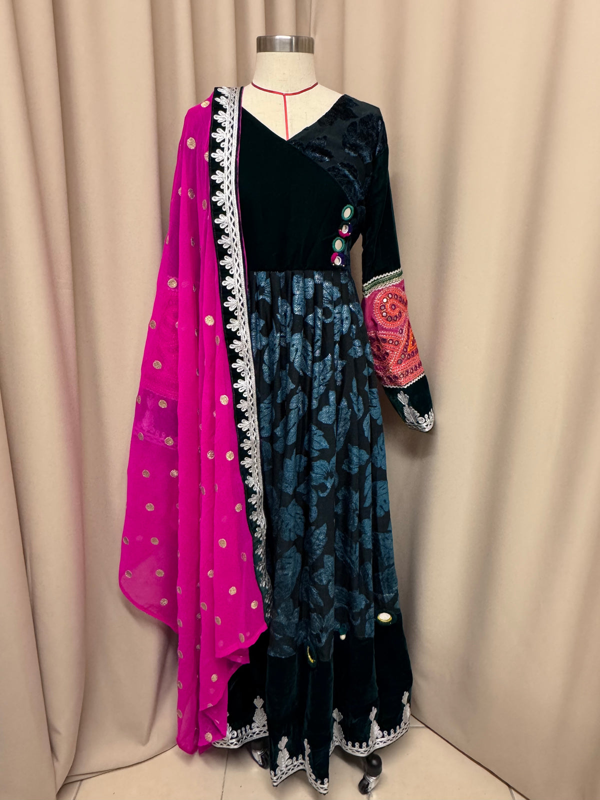 Gulamor Luxury Afghan Maxi Dress – Dark Green Floral Velvet with Pink Chiffon Scarf | Made in London