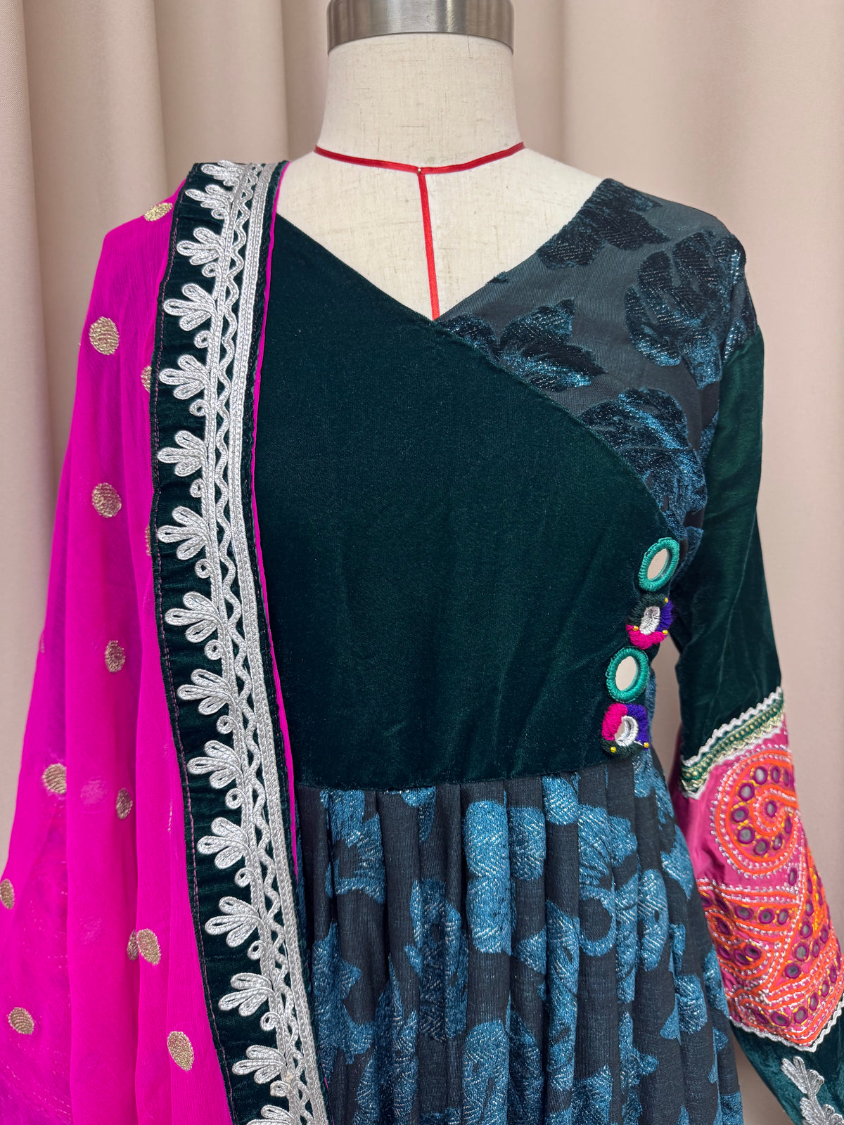 Gulamor Luxury Afghan Maxi Dress – Dark Green Floral Velvet with Pink Chiffon Scarf | Made in London