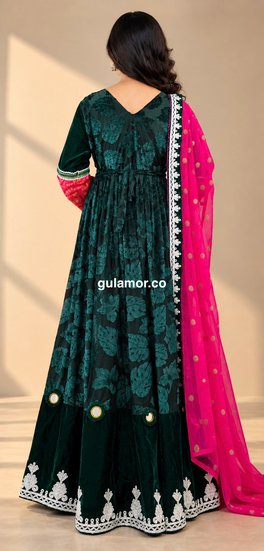 Gulamor Luxury Afghan Maxi Dress – Dark Green Floral Velvet with Pink Chiffon Scarf | Made in London