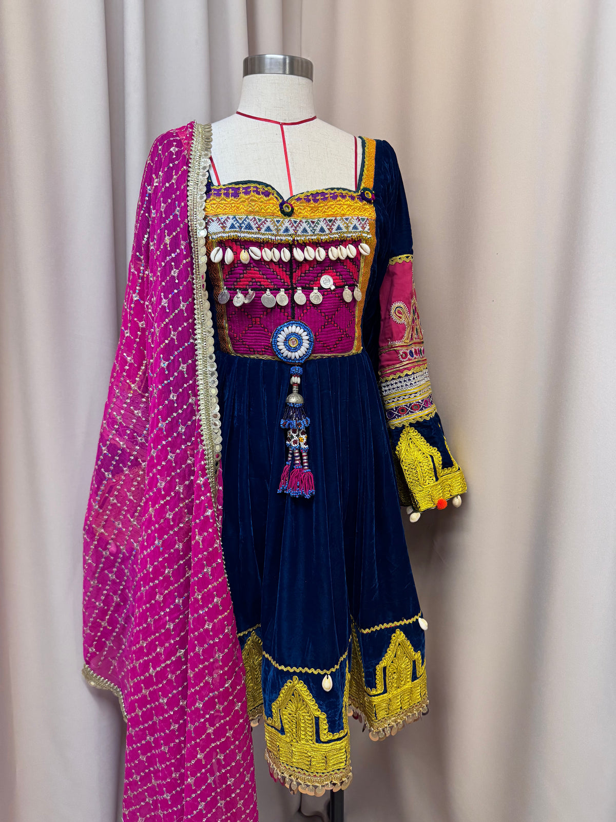 Traditional Afghan Kuchi Velvet Dress with Pink Trousers & Scarf | Small–Medium