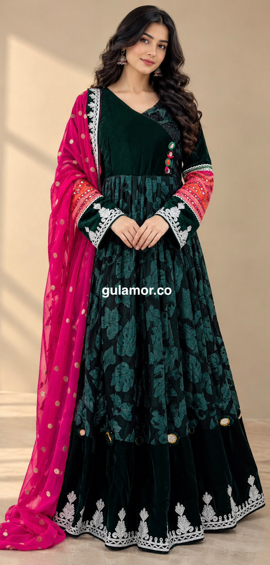 Gulamor Luxury Afghan Maxi Dress – Dark Green Floral Velvet with Pink Chiffon Scarf | Made in London