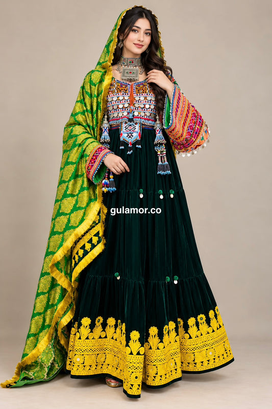 Luxury Bridal Emerald Green Afghan Velvet Maxi Dress | Traditional Coin Embroidery & Gold Detailing