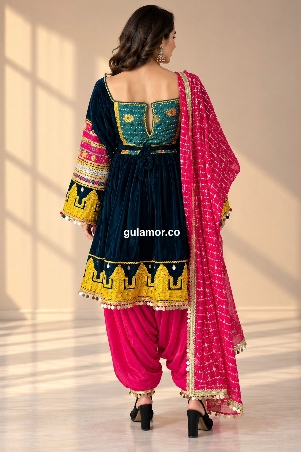 Traditional Afghan Kuchi Velvet Dress with Pink Trousers & Scarf | Small–Medium